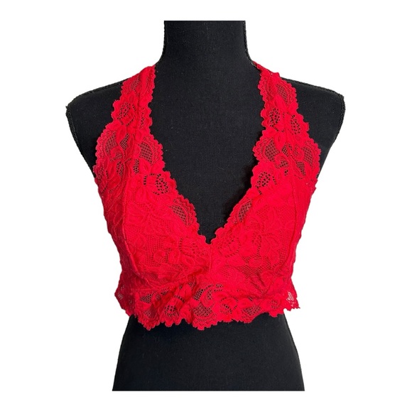 Racerback Halter Lace Bralette - One Size, Red - Picture 2 of 8